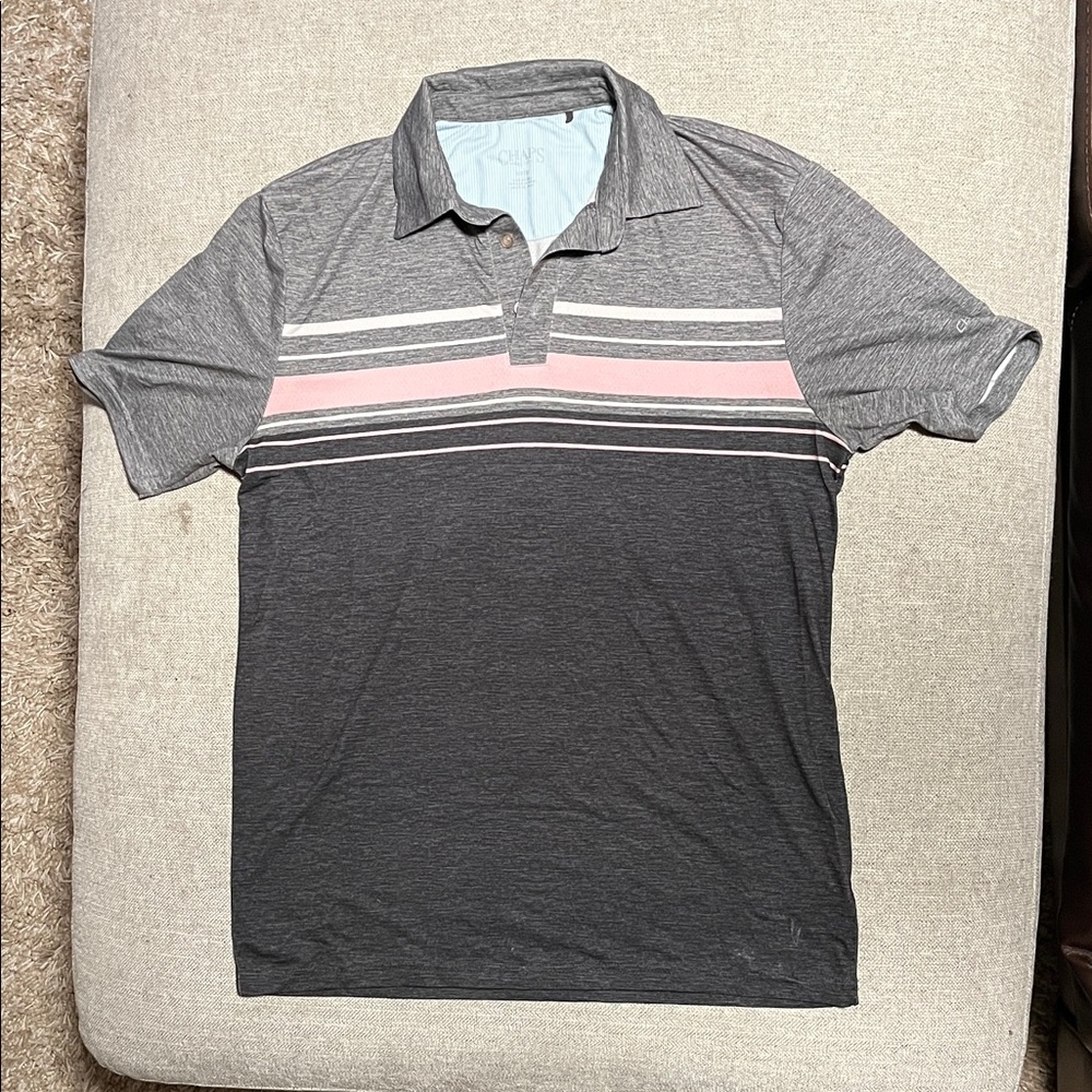 Chaps Men's Polo Shirt with Gray and Pink Stripes